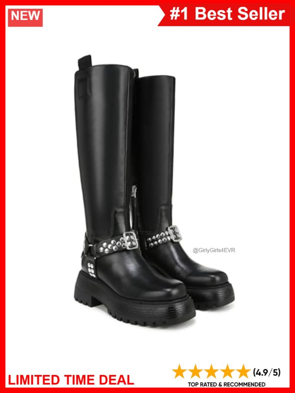 Studded Harness Moto Boots Chunky Block Heel Knee High Leather Zip Up
